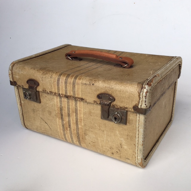 SUITCASE, Vintage Style - Small Cream w Tan Leather Handle